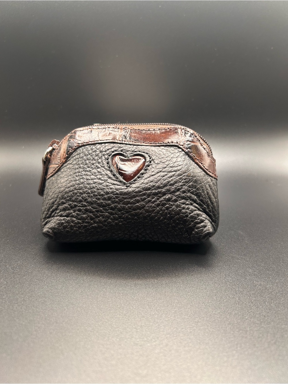 Brighton Black Leather Coin Pouch with Brown Trim and Heart Detail